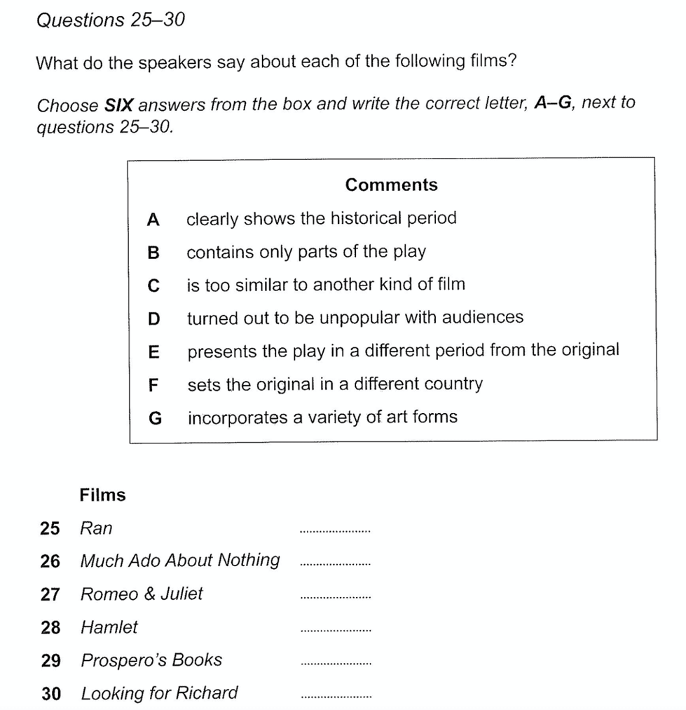 IELTS Listening Matching Questions