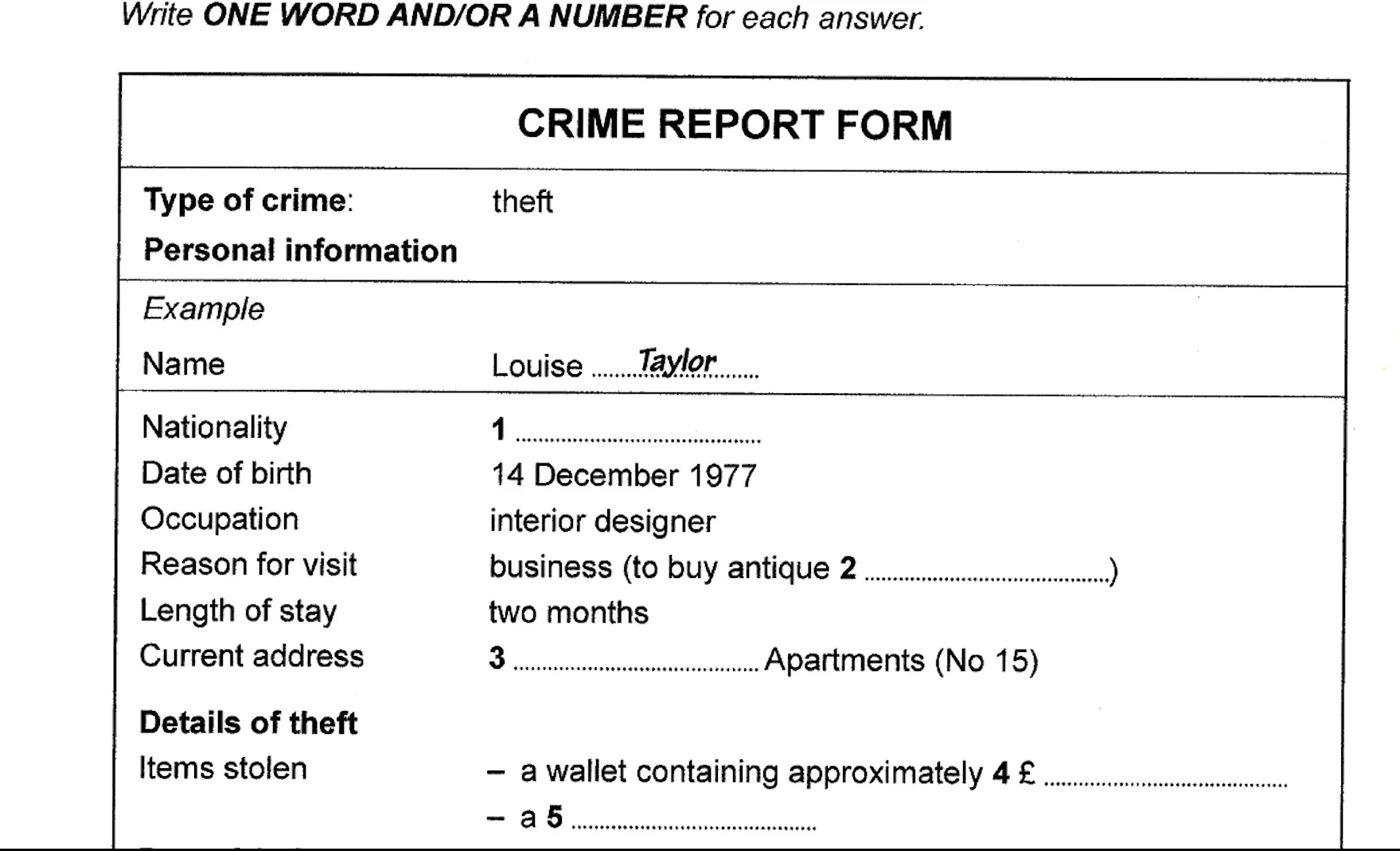 Crime Report Form IELTS Listening